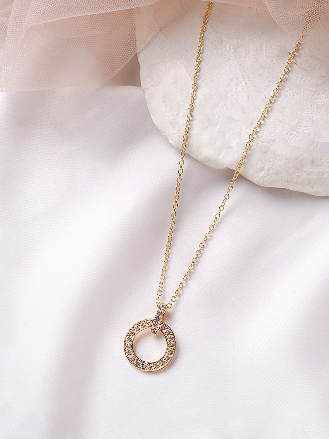 

BEWITCHED Gold-Toned & White Rhinestone Studded Circle Of Life Pendant With Chain