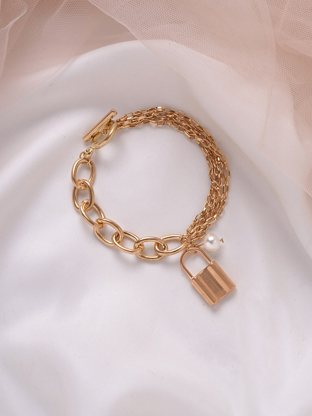 

BEWITCHED Women Gold-Toned & White Lock Charm& Beaded Link Bracelet