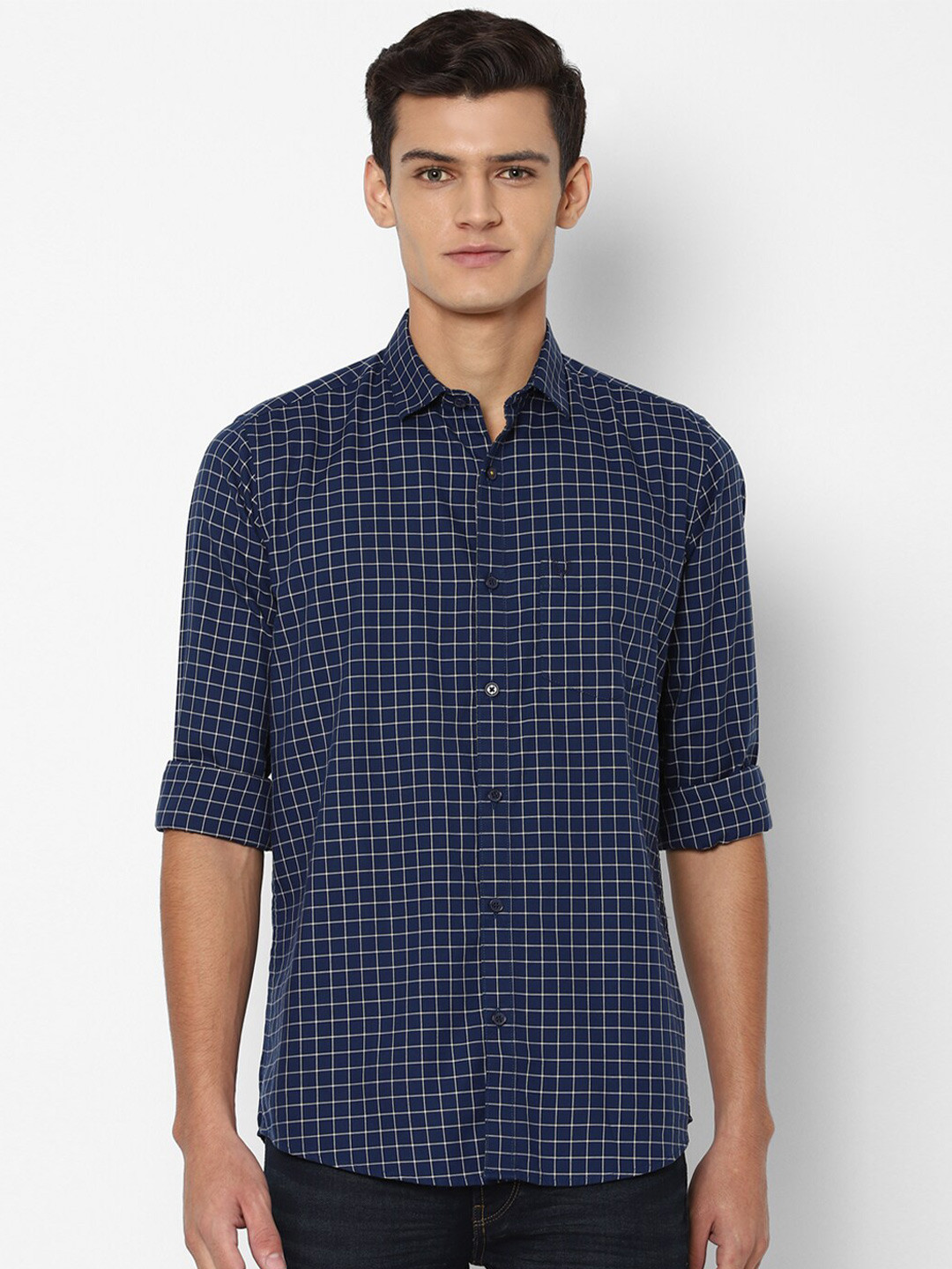 

Allen Solly Men Navy Blue Slim Fit Checked Pure Cotton Casual Shirt