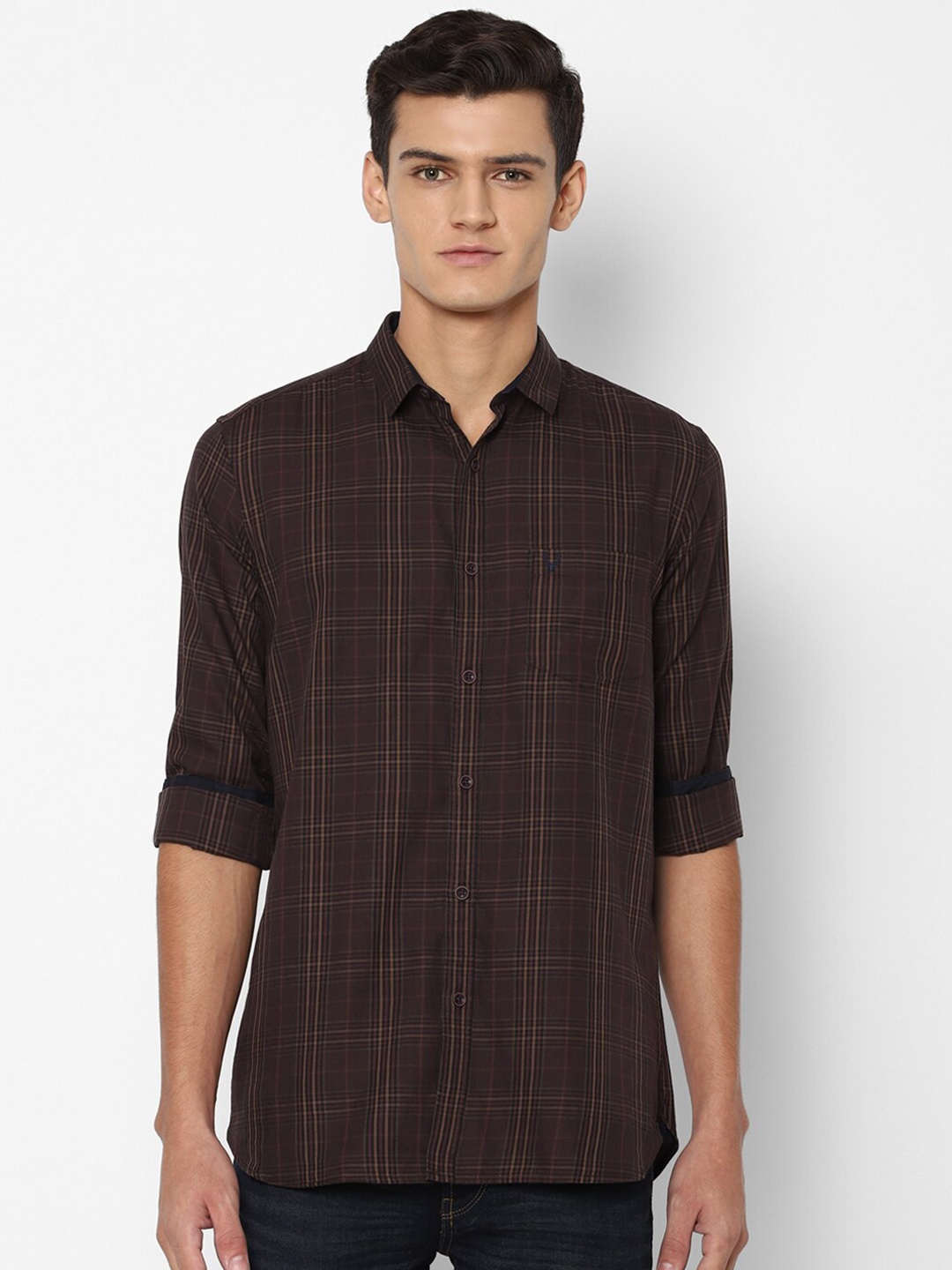 

Allen Solly Men Brown Slim Fit Checked Pure Cotton Casual Shirt