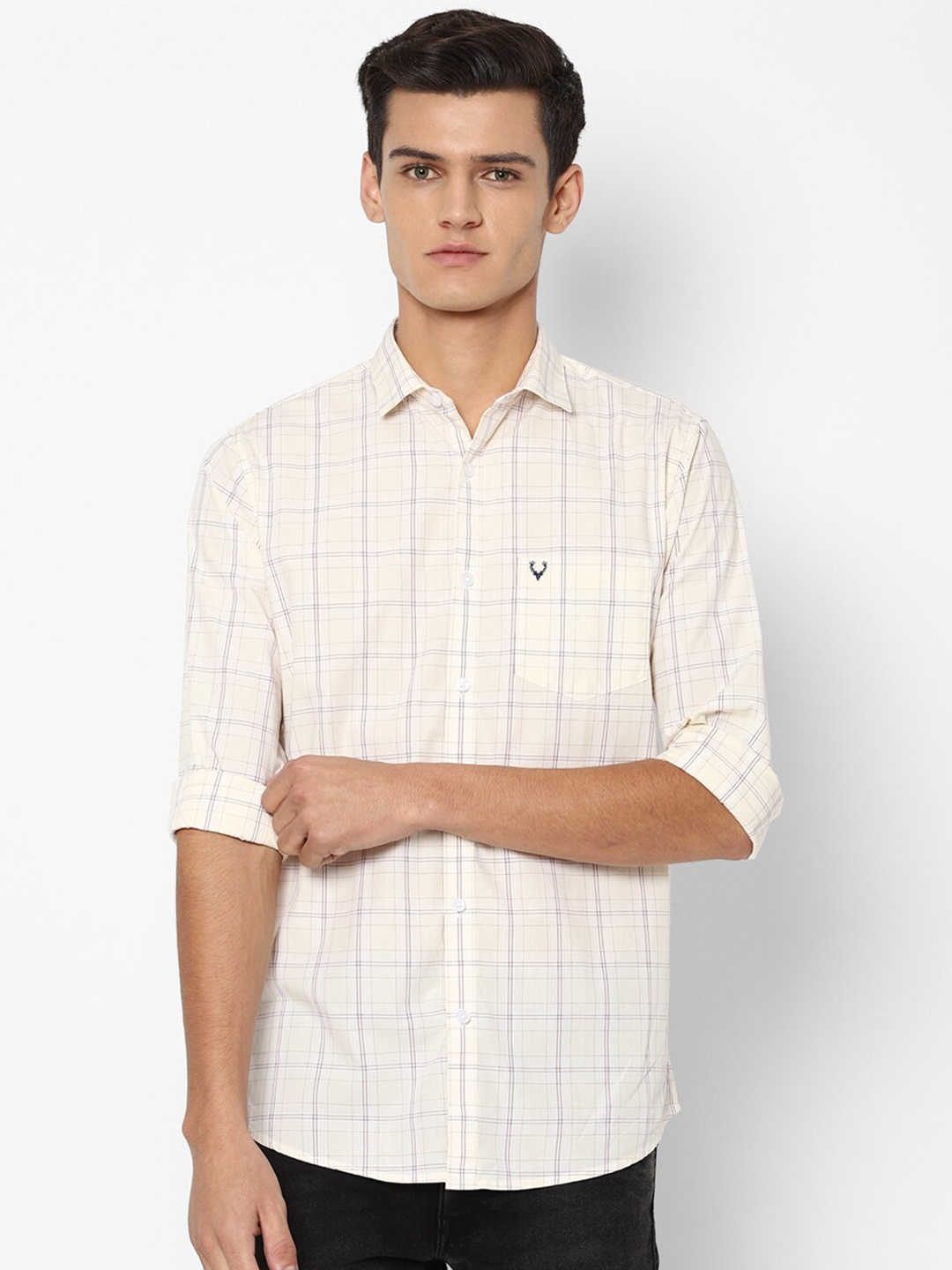 

Allen Solly Men Cream-Coloured Slim Fit Checked Pure Cotton Casual Shirt