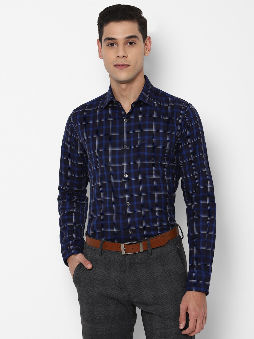 

Allen Solly Men Navy Blue Slim Fit Checked Pure Cotton Formal Shirt