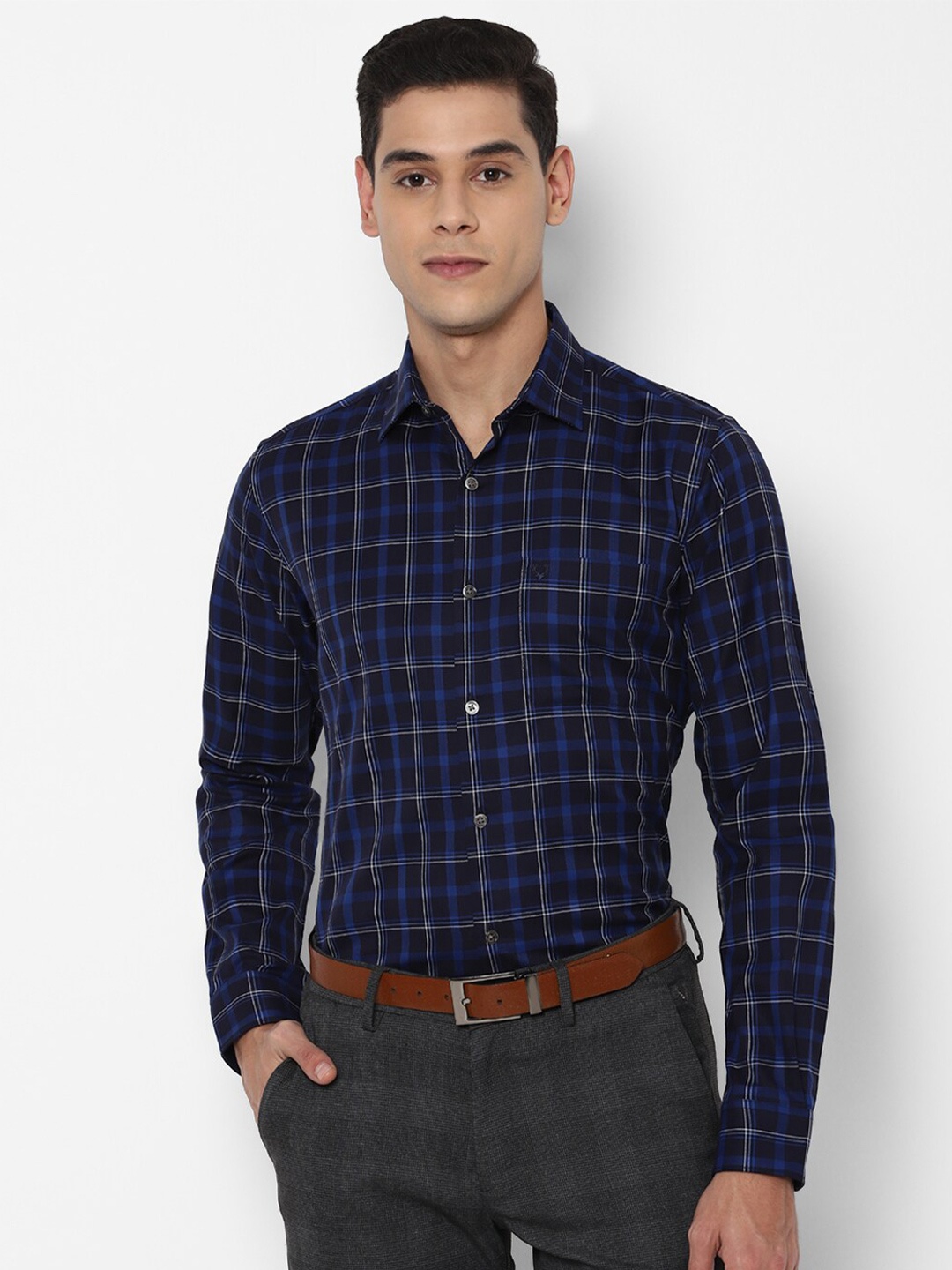 

Allen Solly Men Navy Blue Checked Slim Fit Formal Shirt