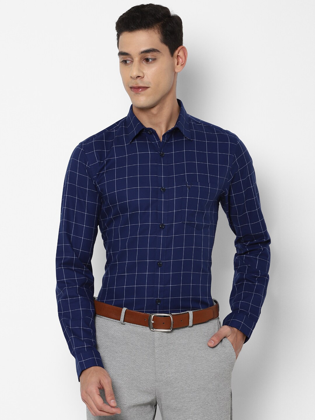 

Allen Solly Men Navy Blue Slim Fit Checked Pure Cotton Formal Shirt