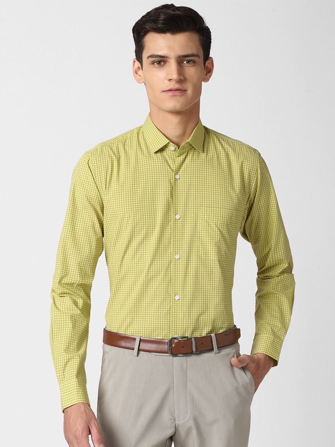 

Peter England Men Yellow & Green Micro Checks Cotton Blend Formal Shirt