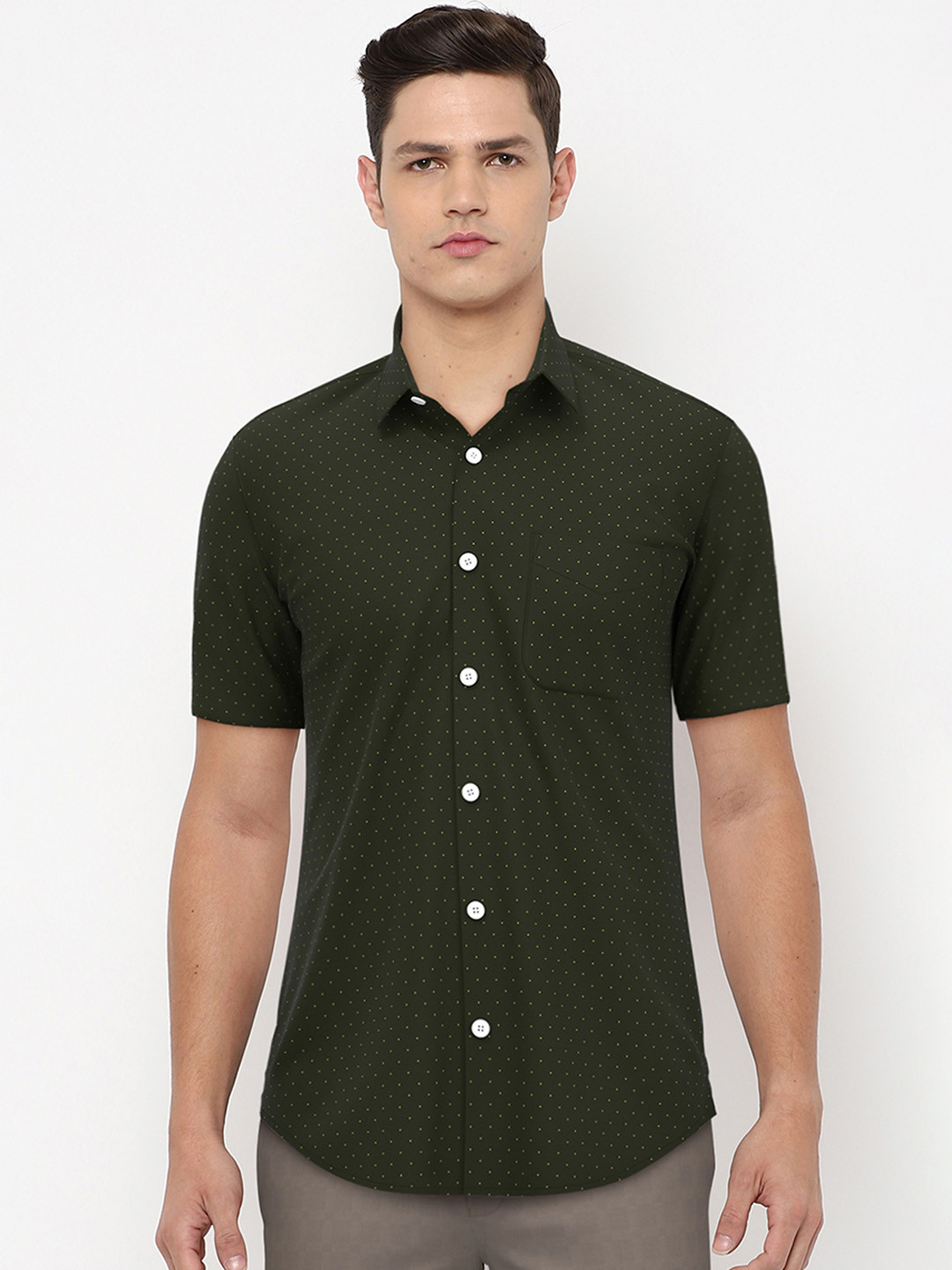 

Peter England Men Olive Green Slim Fit Printed Pure Cotton Formal Shirt