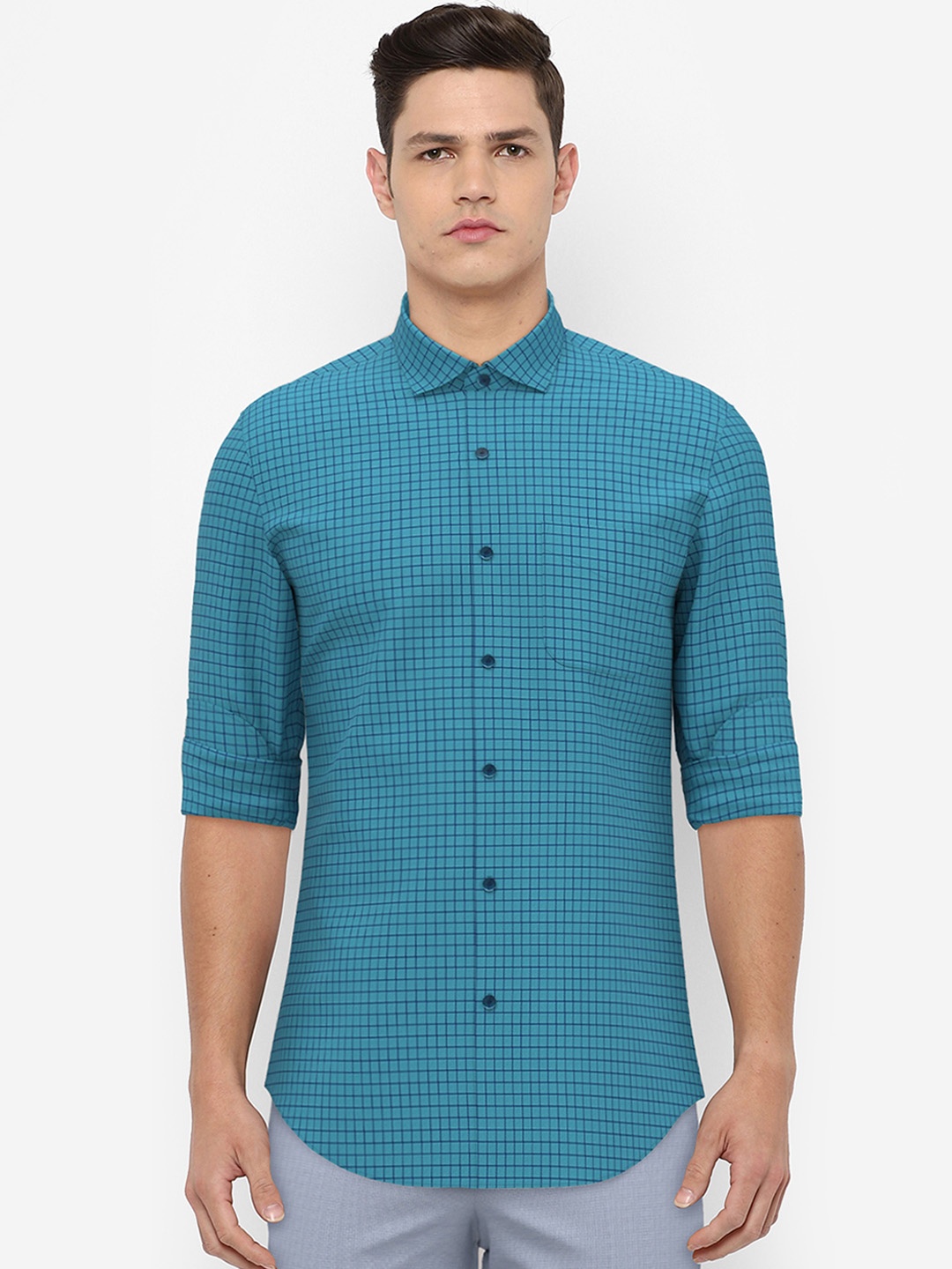 

Peter England Elite Men Blue Checked Pure Cotton Formal Shirt
