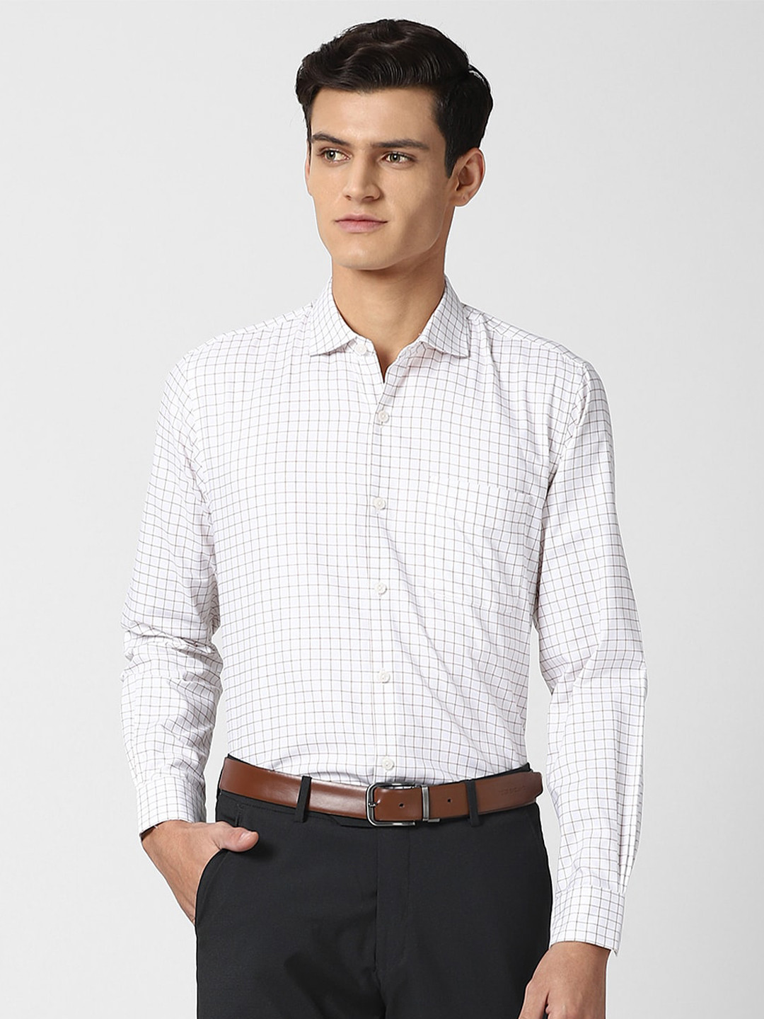 

Peter England Elite Men White Grid Tattersall Checks Checked Cotton Formal Shirt