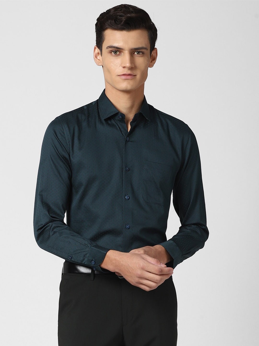 

Peter England Elite Men Teal Blue Slim Fit Printed Pure Cotton Formal Shirt