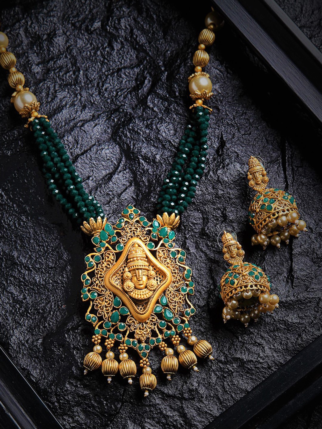 

PANASH Green & Gold-Toned Beaded Temple Jewellery Set