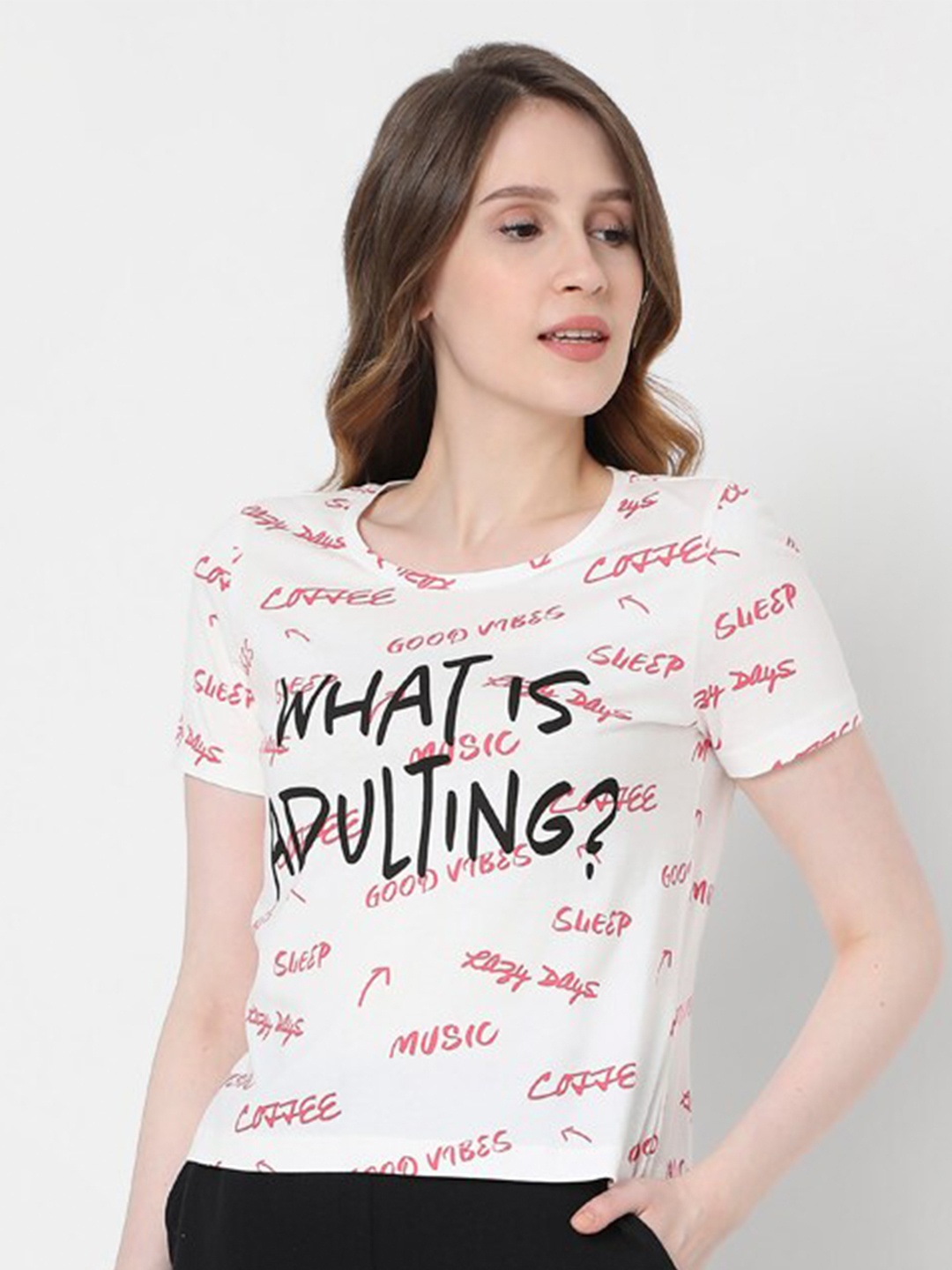 Vero Moda Women White & Black Typography Printed T-shirt