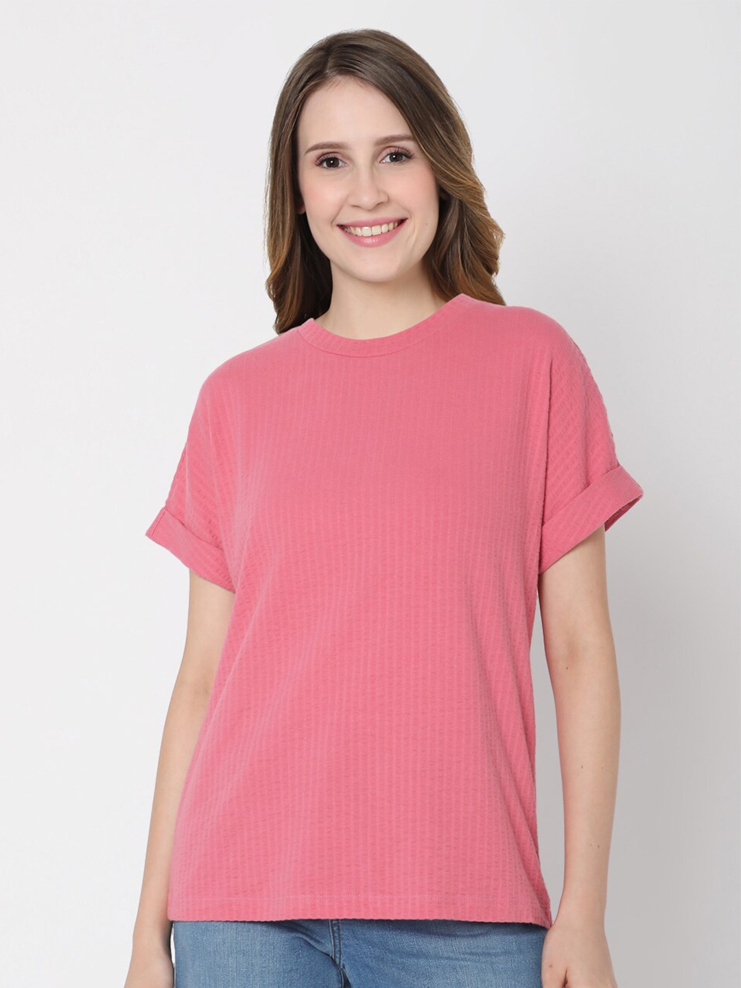 

Vero Moda Women Pink Striped Drop-Shoulder Sleeves Cotton T-shirt