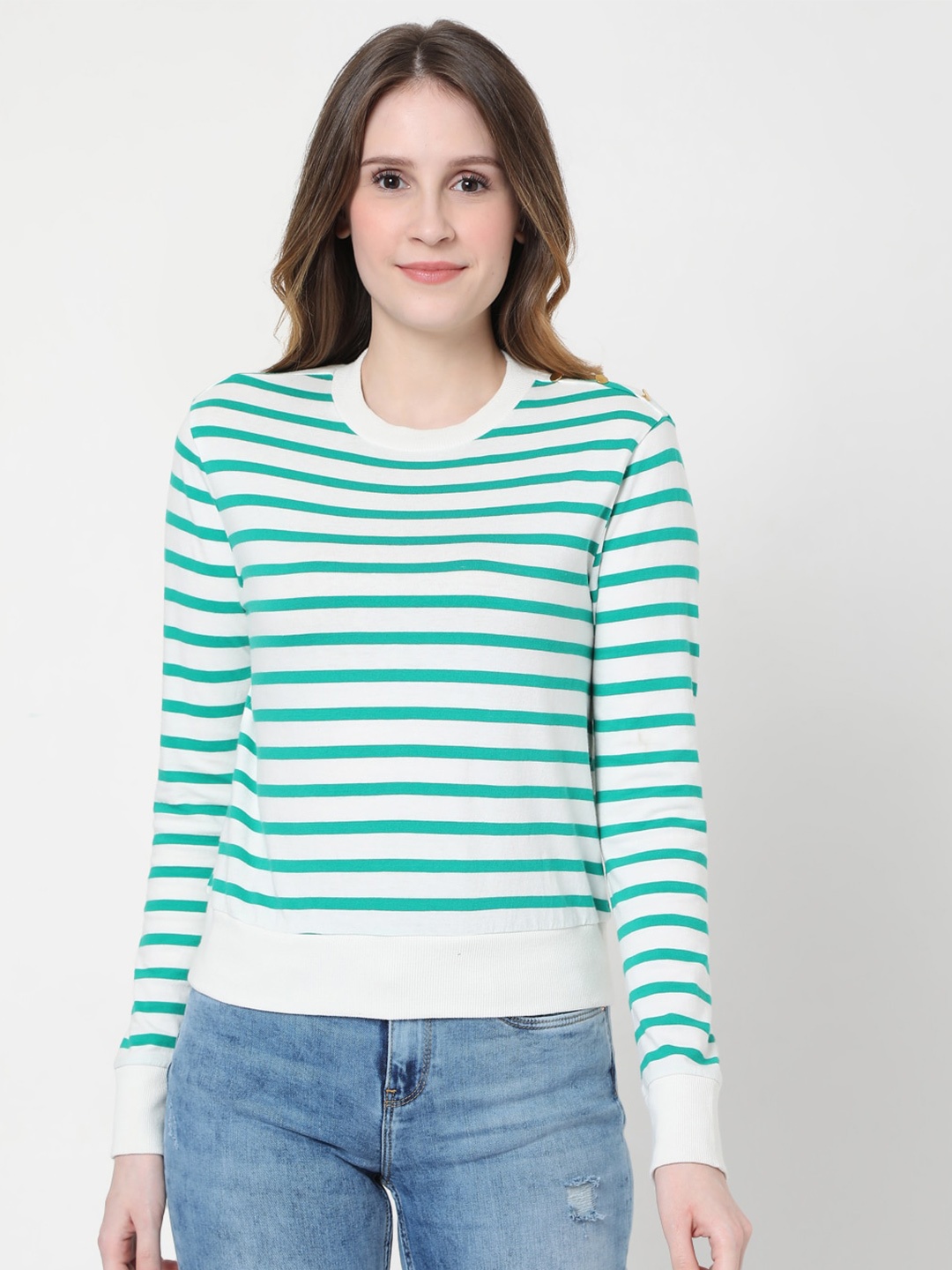 

Vero Moda Women White & Green Striped Cotton T-shirt