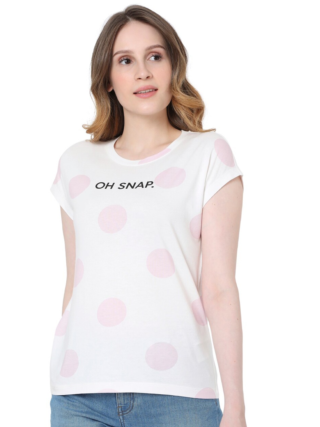 

Vero Moda Women White & Pink Printed Extended Sleeves T-shirt