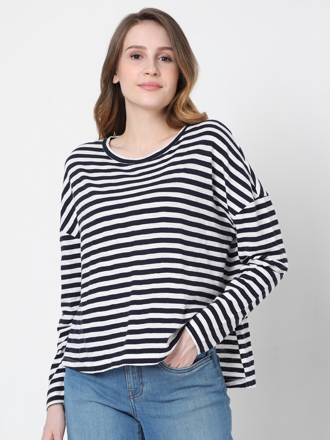 

Vero Moda Women Blue & White Striped T-shirt