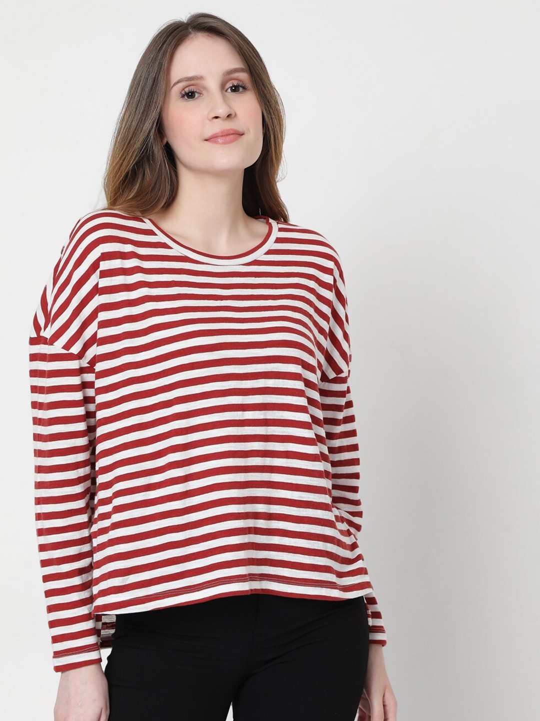 

Vero Moda Women Maroon & White Striped V-Neck T-shirt