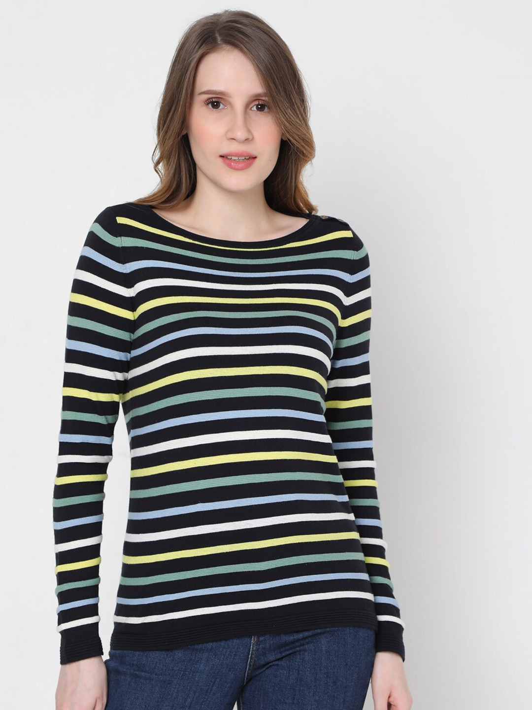 

Vero Moda Women Black & Yellow Striped Pullover