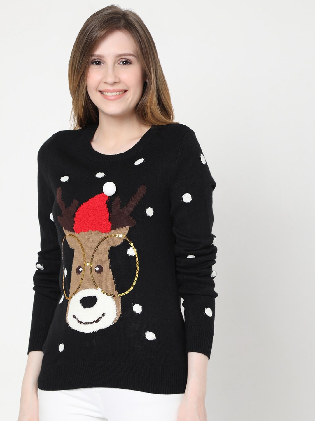 

Vero Moda Women Black Embellished Acrylic Pullover