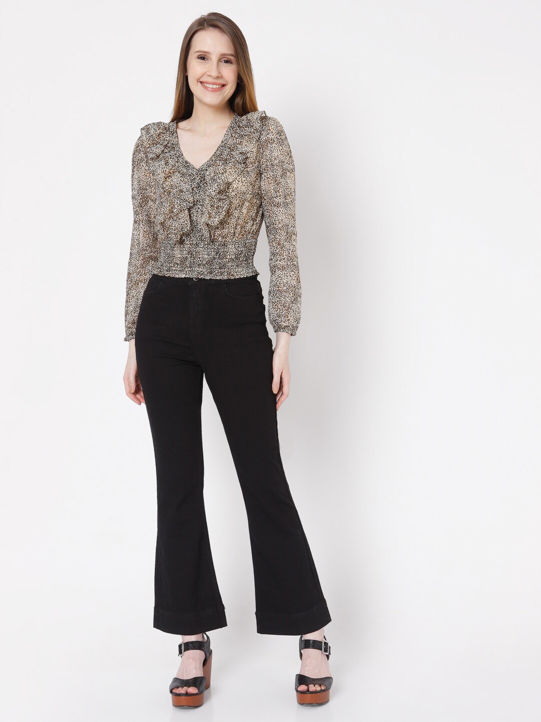 

Vero Moda Beige & Black Animal Print Ruffles Cinched Waist Top