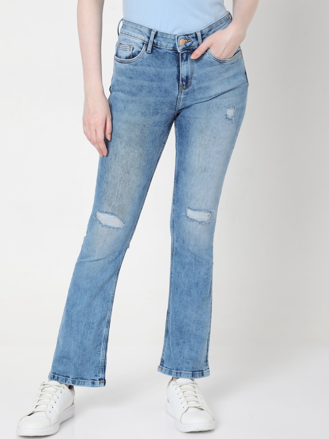 

Vero Moda Women Blue Bootcut Low Distress Heavy Fade Jeans