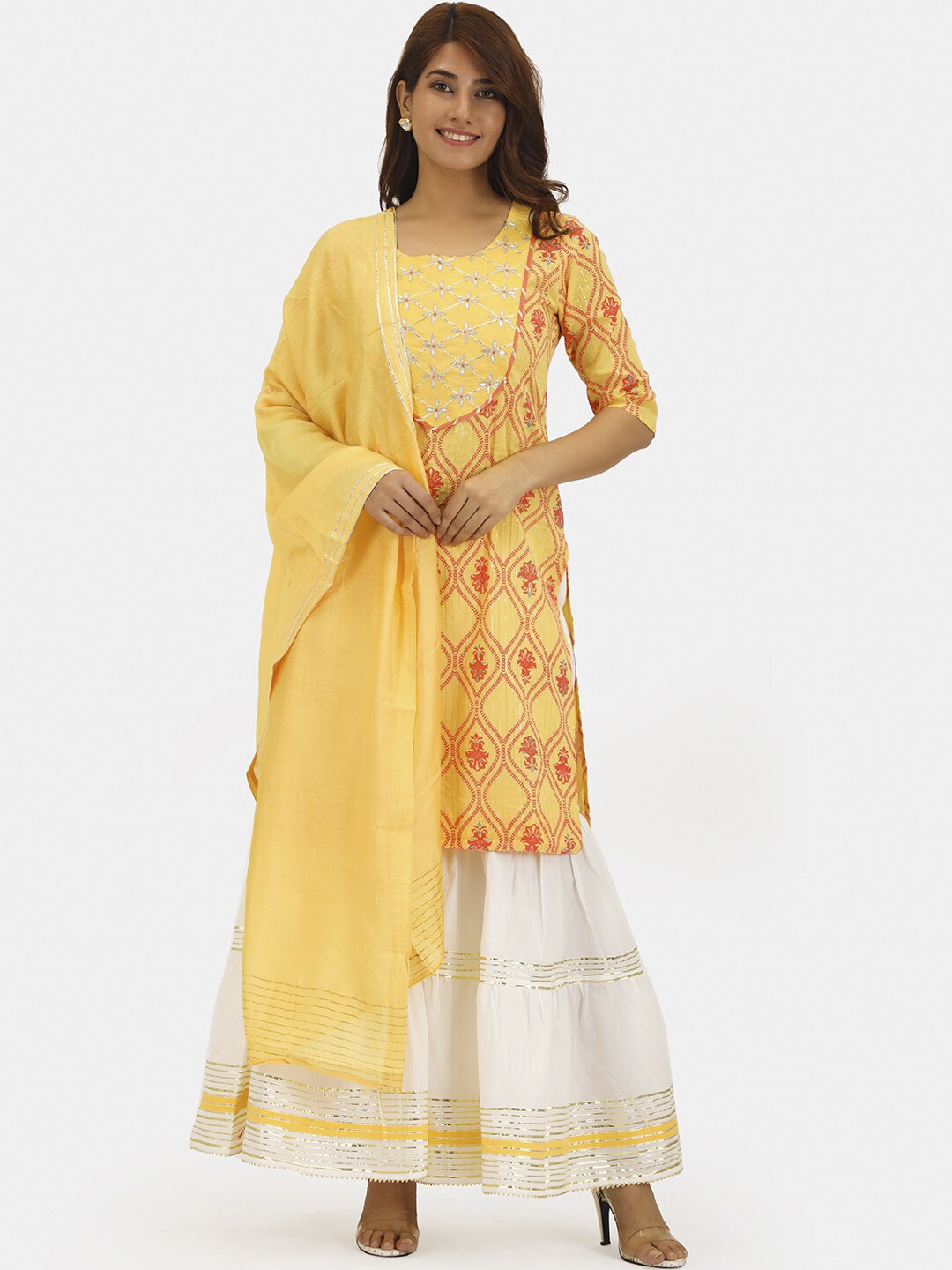 

Do Dhaage Women Yellow Floral Printed Gotta Patti Pure Cotton Kurta with Sharara & Dupatta