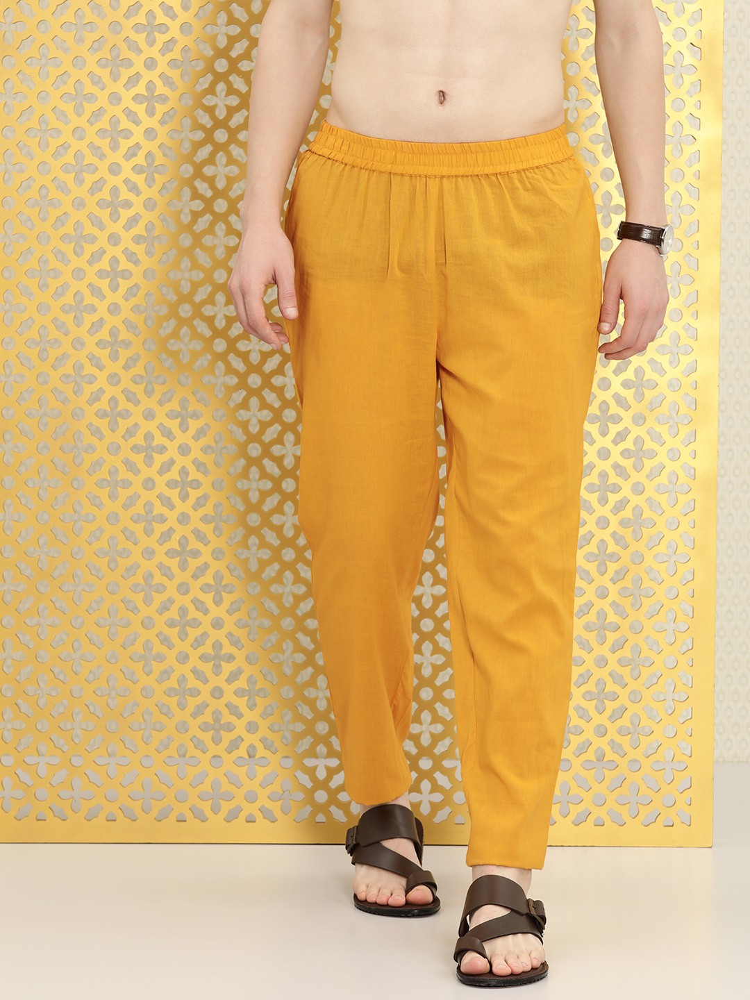 

Ode by House of Pataudi Men Mustard Yellow Solid Pyjamas