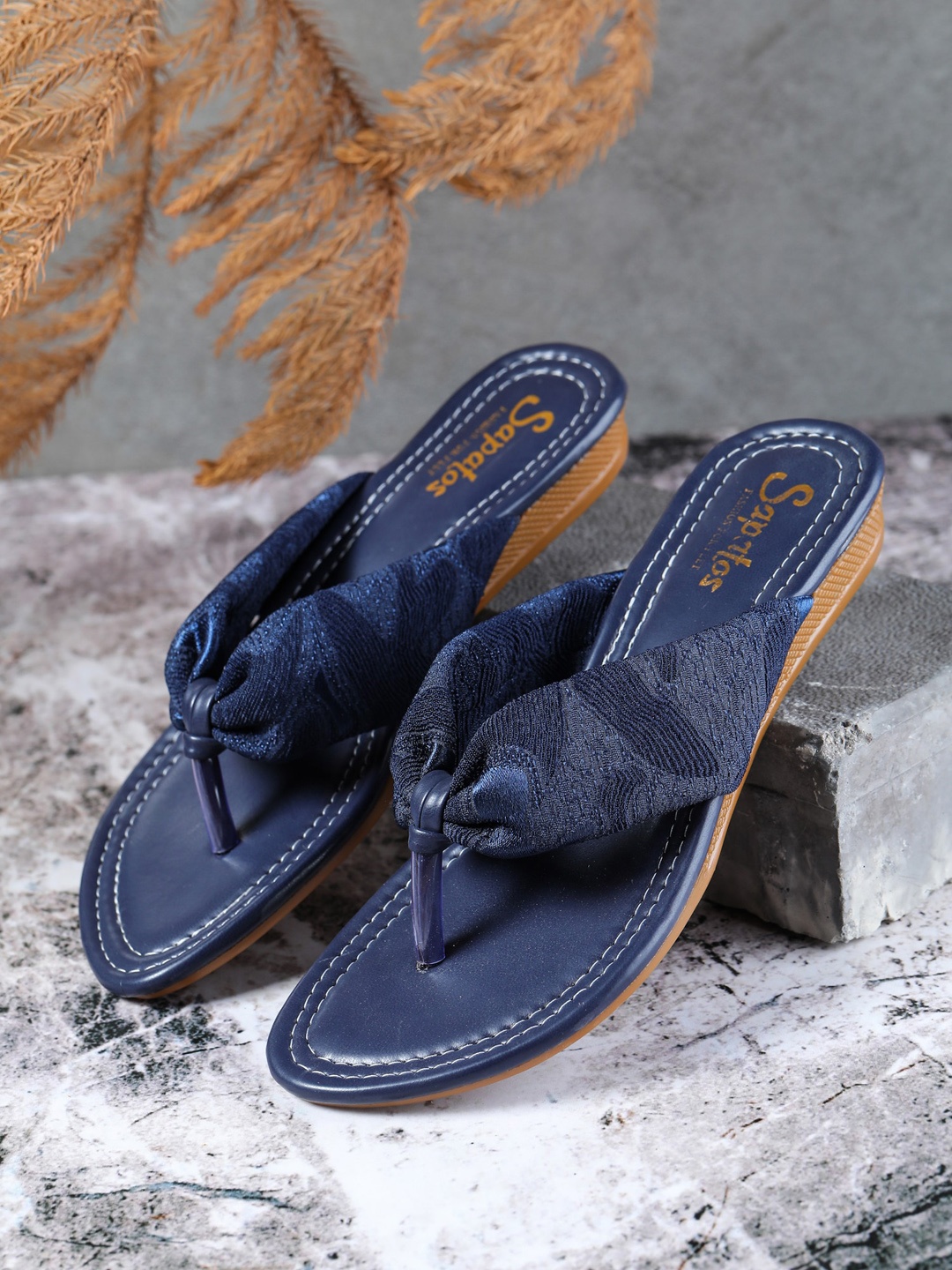 

SAPATOS Women Navy Blue T-Strap Flats with Bows