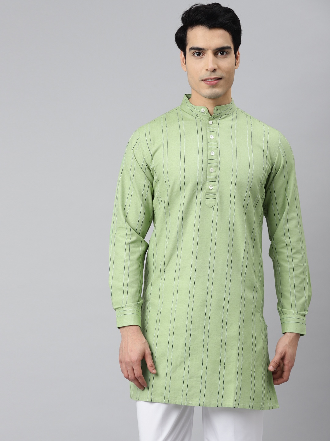 

Tulsattva Men Green Striped Handloom Kurta