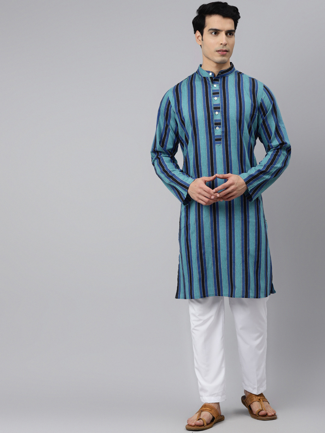 

Tulsattva Men Blue Pure Cotton Striped Kurta with Pyjamas