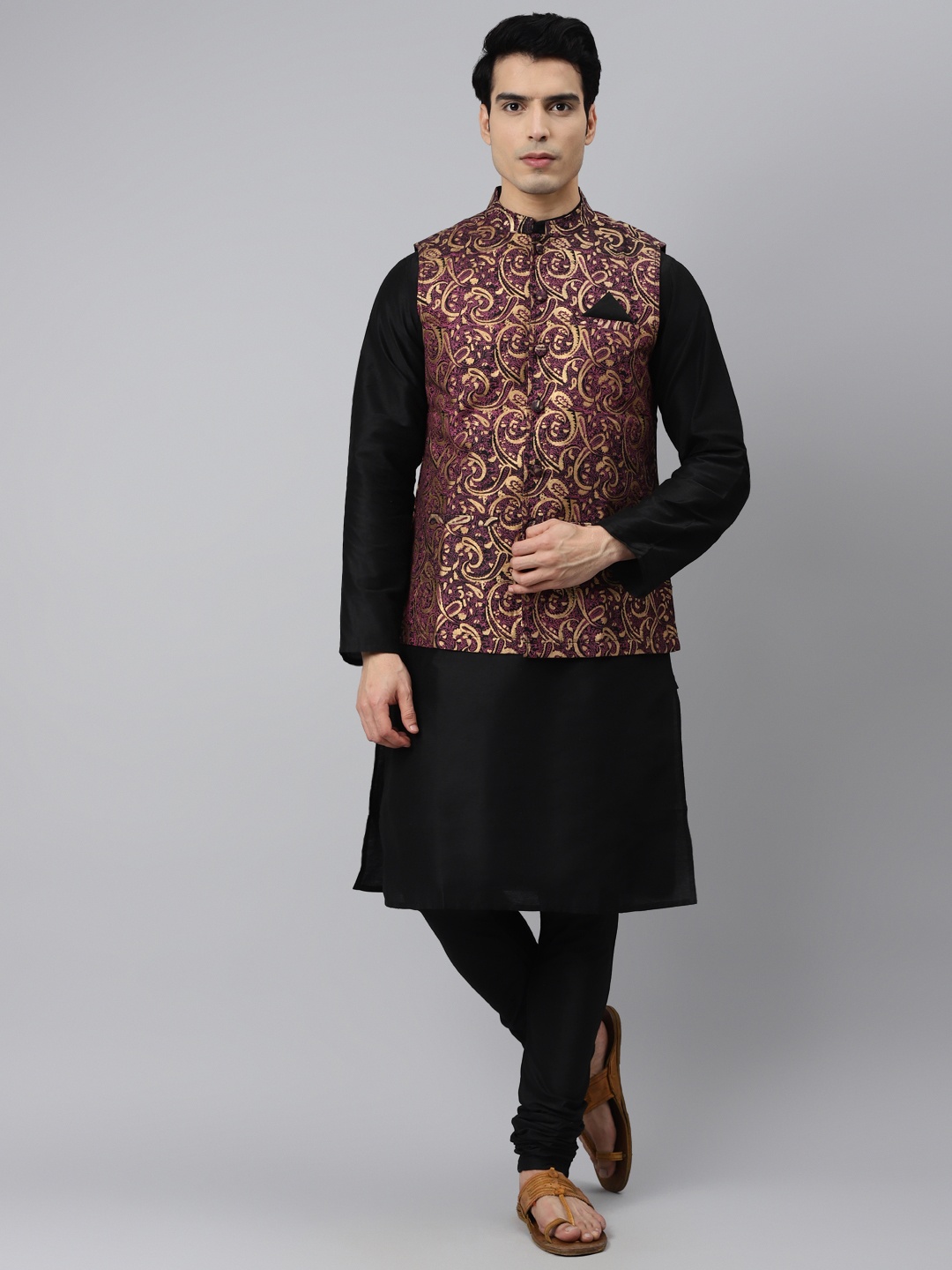 

Tulsattva Men Black Kurta with Churidar & Nehru Jacket