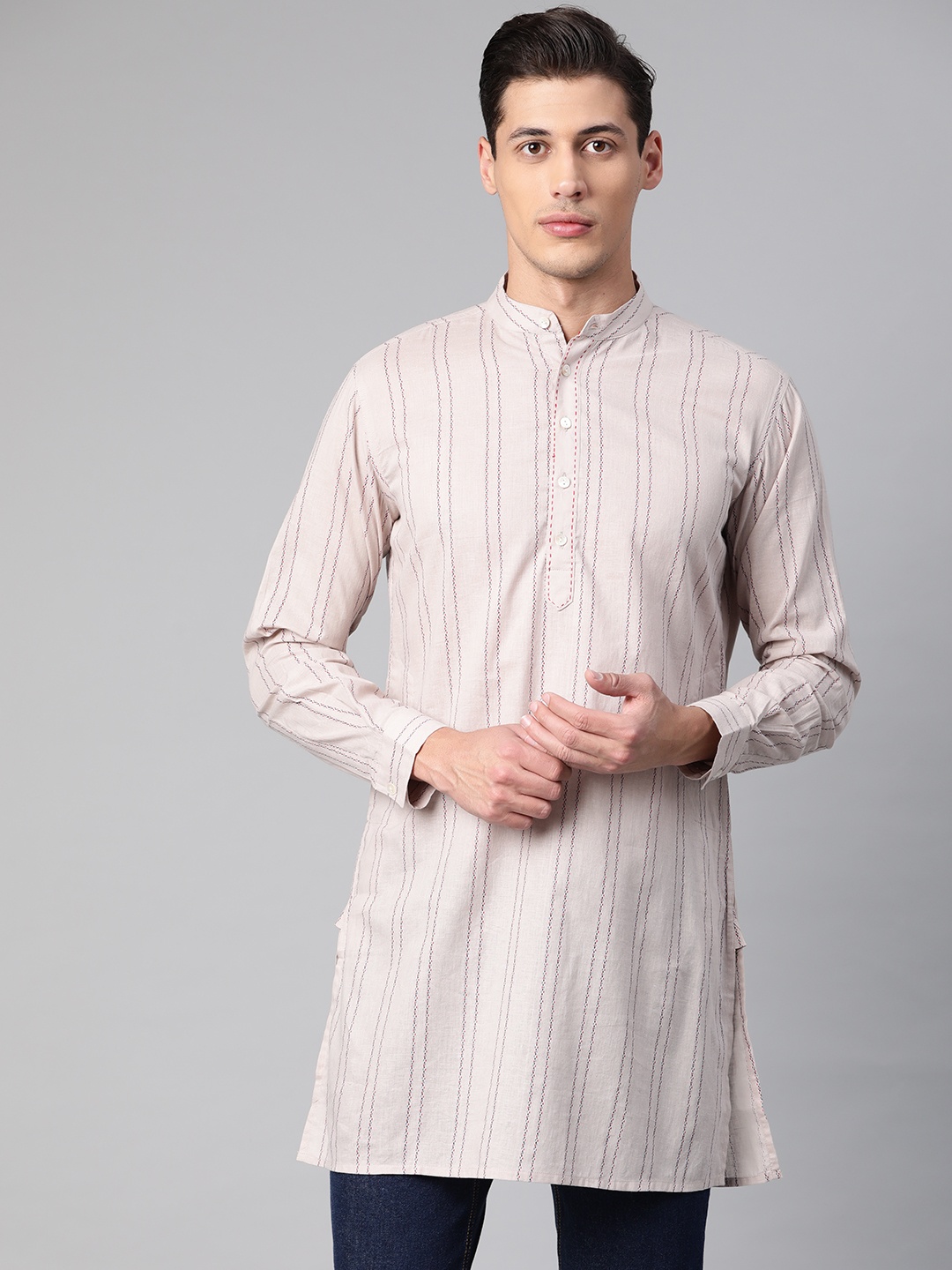 

Tulsattva Men Cream-Coloured & Red Printed Handloom Kurta