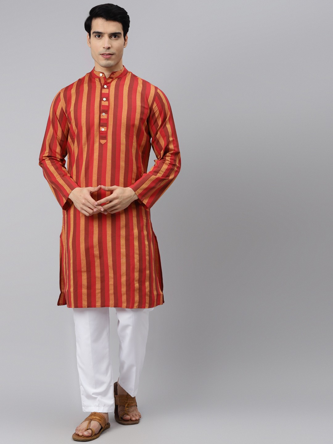 

Tulsattva Men Red Pure Cotton Striped Kurta with Pyjamas