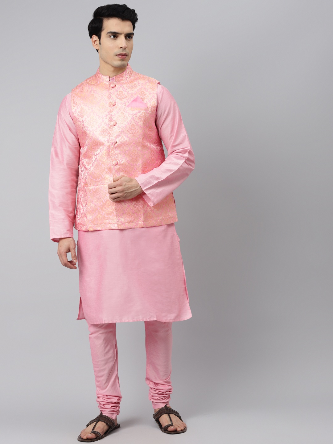 

Tulsattva Men Pink Kurta with Churidar & Nehru Jacket