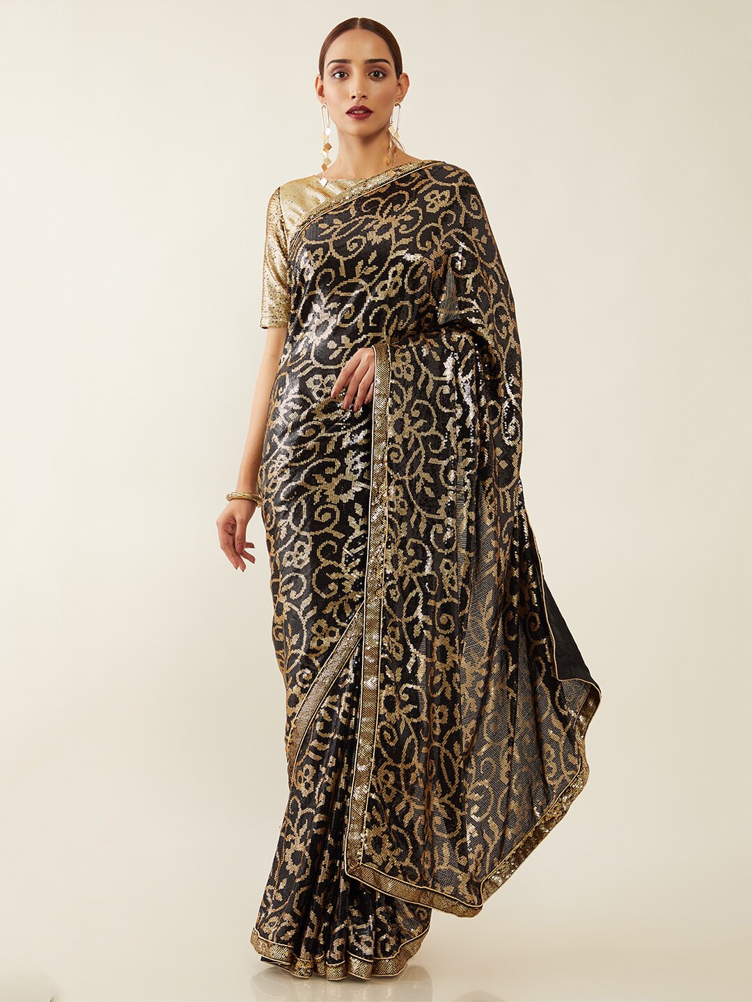 

Soch Black & Gold-Coloured Embellished Sequinned Saree