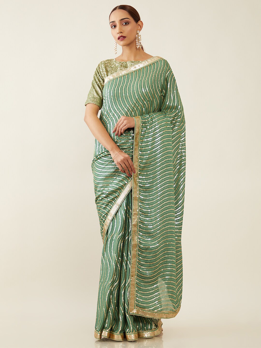 

Soch Green & Gold-Toned Embellished Sequinned Pure Chiffon Saree