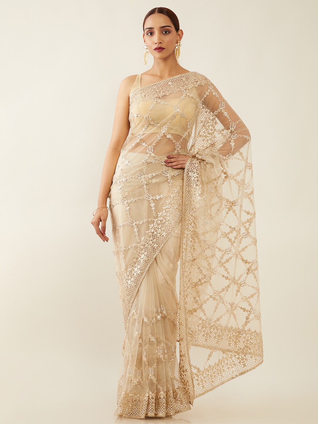 

Soch Beige Floral Net Saree
