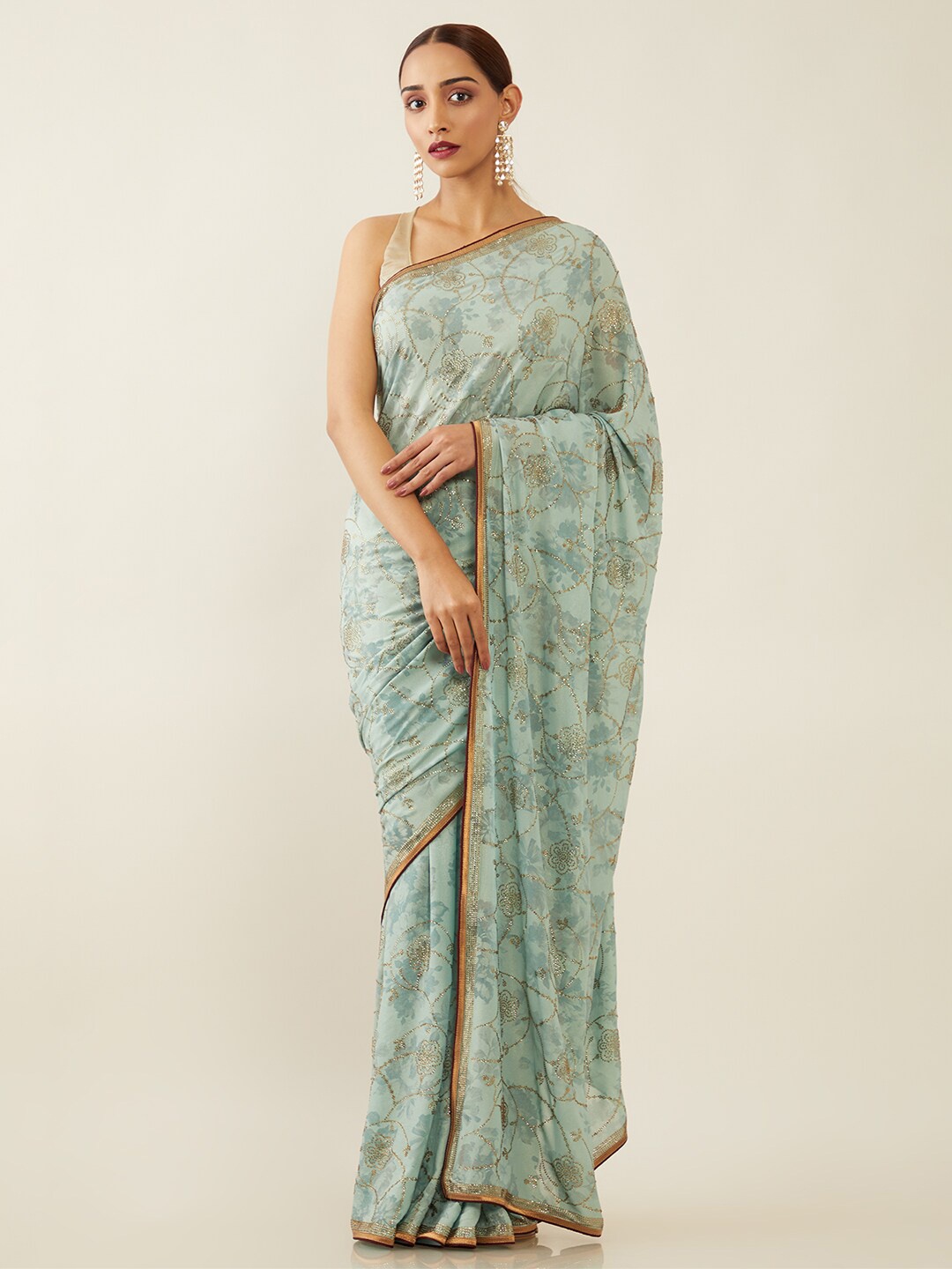 

Soch Blue & Gold-Toned Embellished Saree