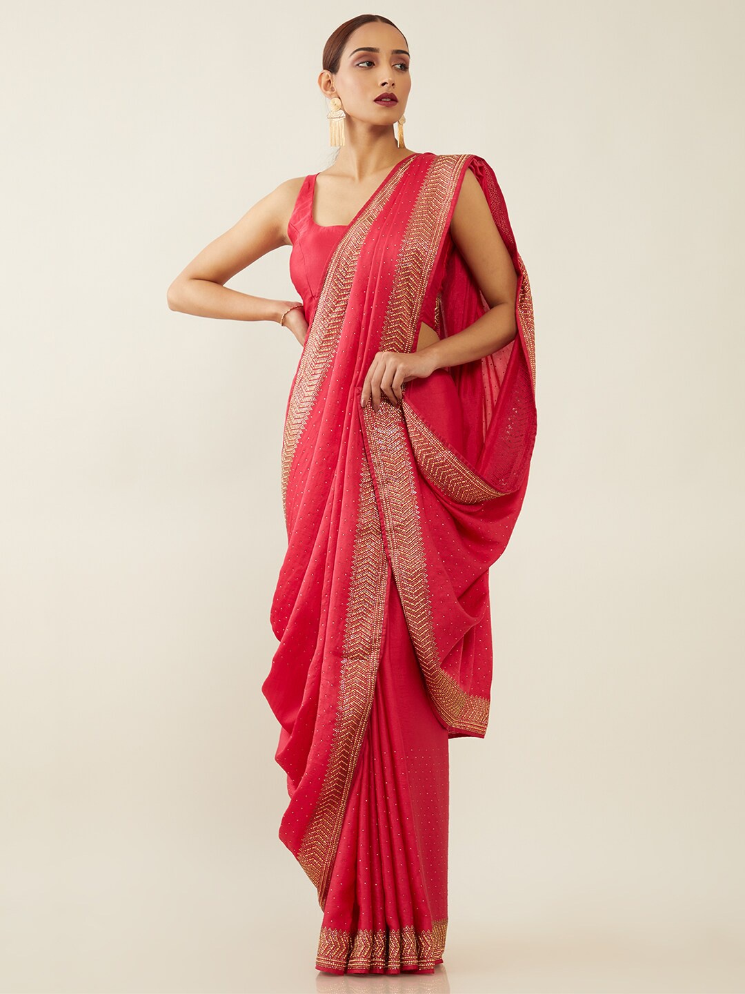 

Soch Pink & Gold Embellished Beads and Stones Silk Blend Saree