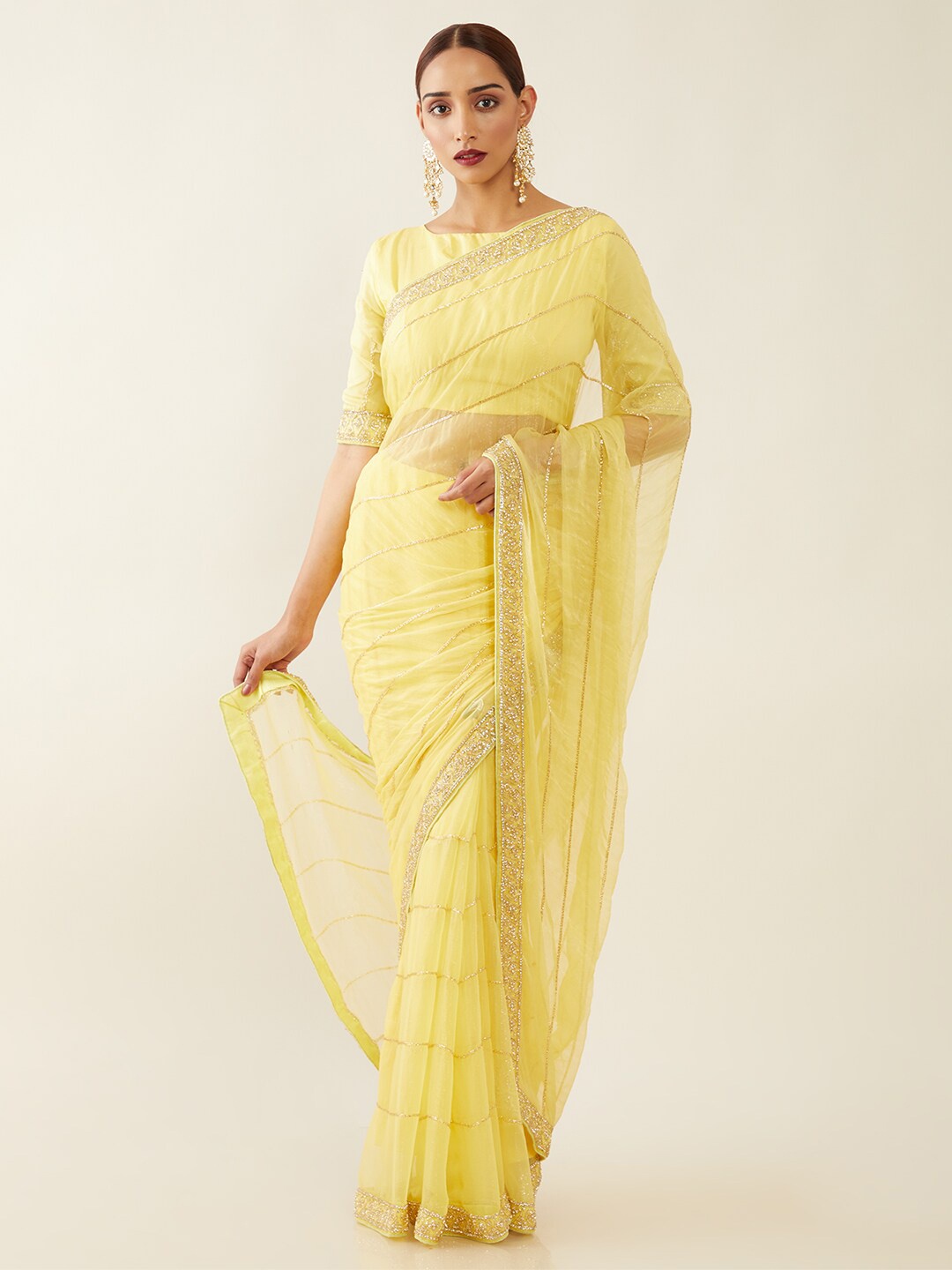 

Soch Yellow Embellished Chiffon Saree