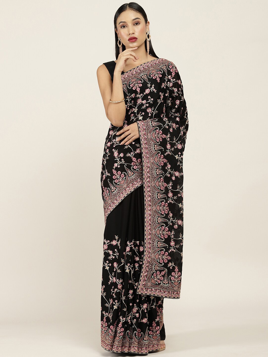 

Soch Black & Grey Floral Embroidered Zari Saree