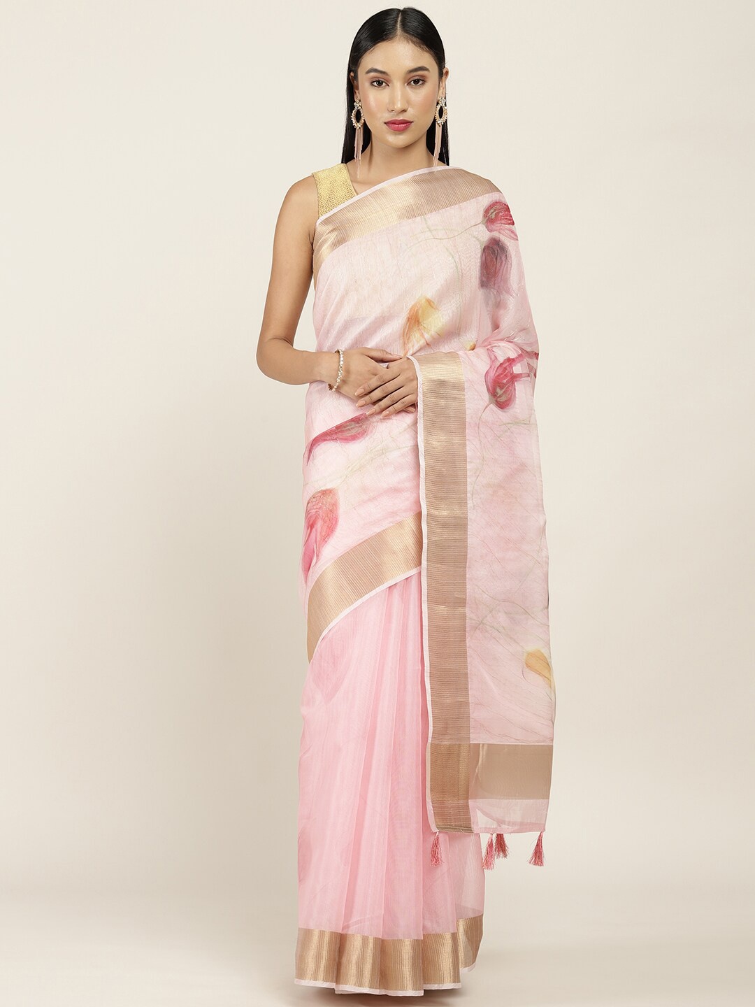 

Soch Pink & Gold-Toned Floral Printed Zari Organza Saree