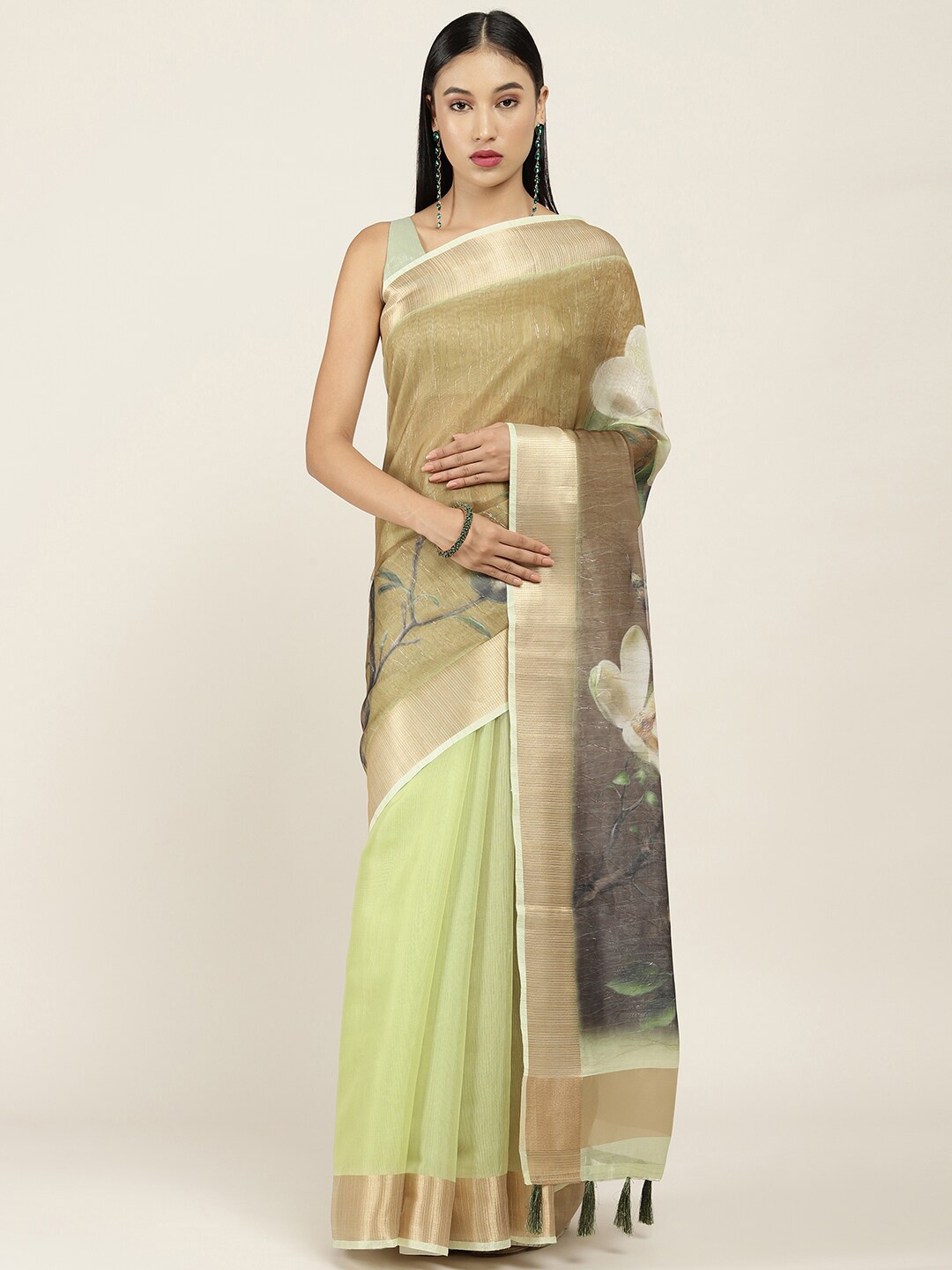 

Soch Green & Brown Floral Zari Organza Saree