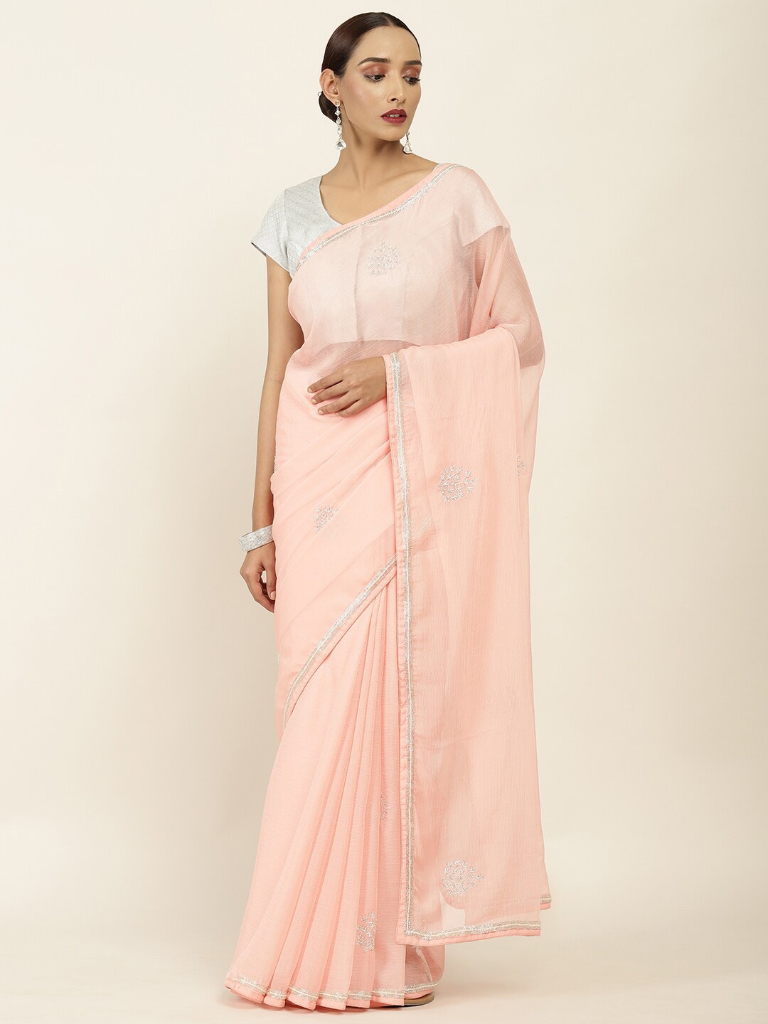 

Soch Pink & Silver-Toned Floral Pure Chiffon Saree