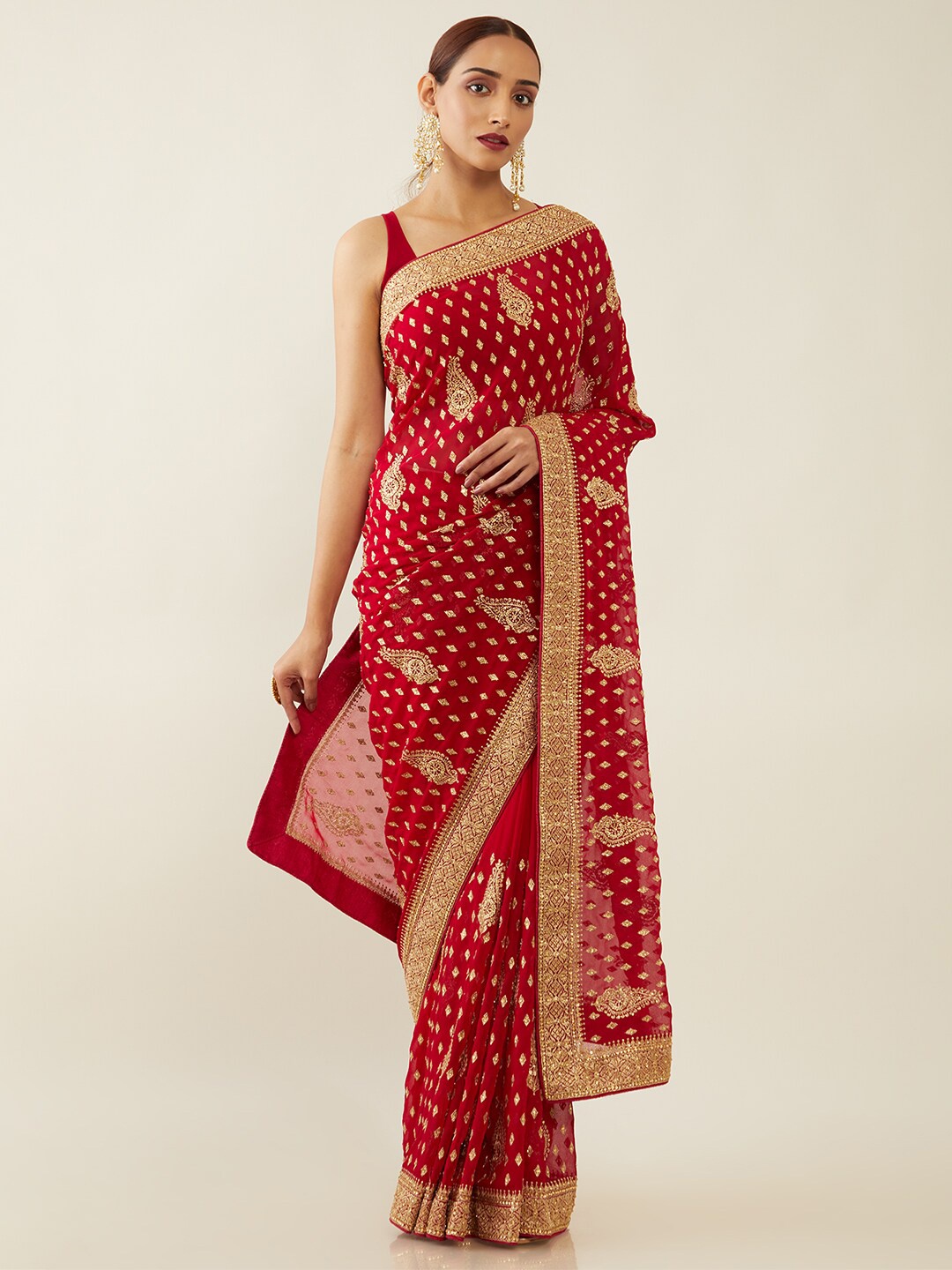 

Soch Red & Gold-Toned Ethnic Motifs Sequinned Saree