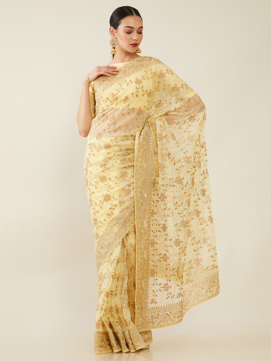 

Soch Yellow Embroidered Organza Saree