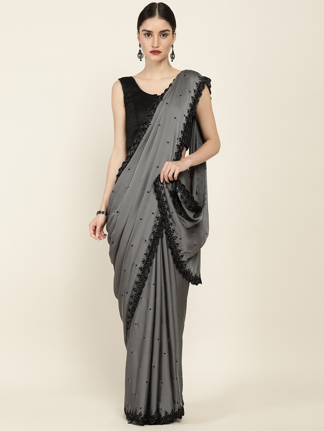 

Soch Grey & Black Embellished Beads and Stones Saree