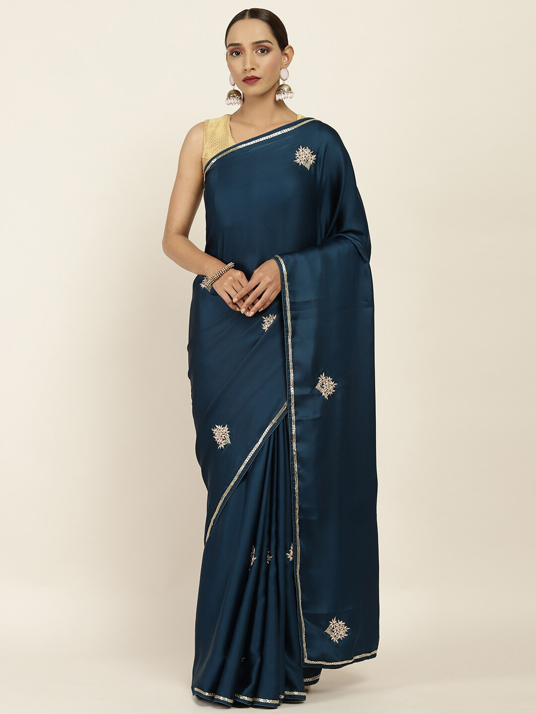 

Soch Teal & Silver-Toned Floral Embroidered Crepe Saree