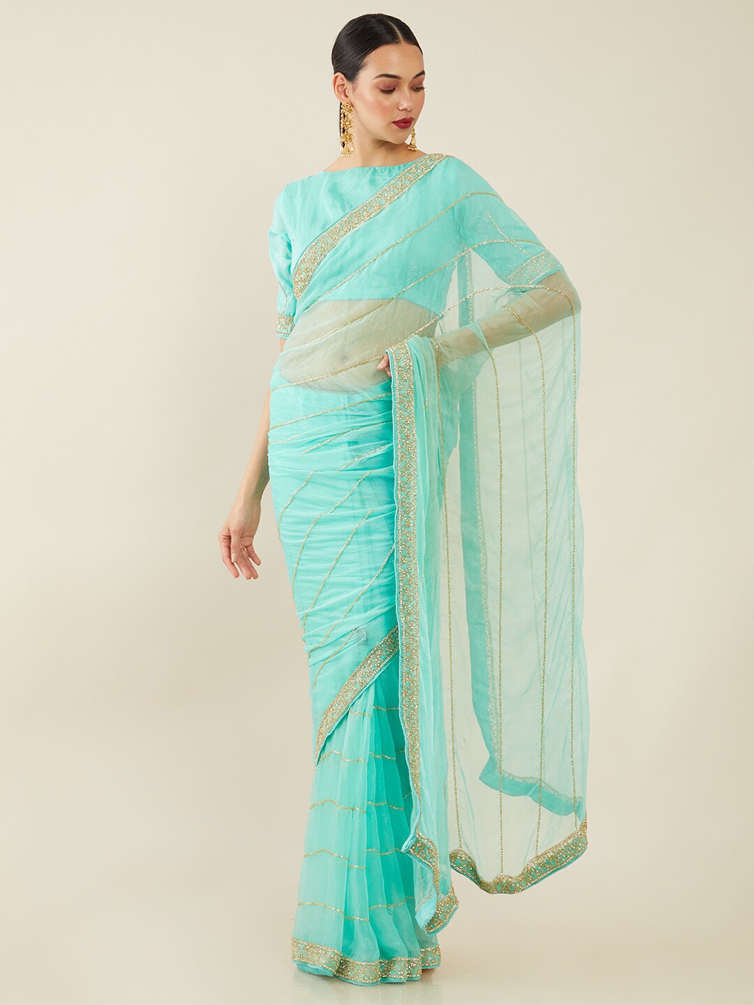 

Soch Green Striped Embellished Chiffon Saree