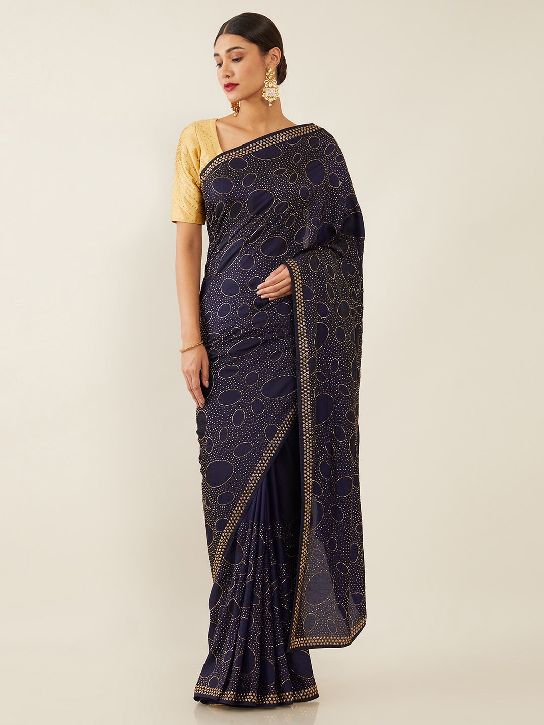 

Soch Navy Blue & Gold-Toned Embellished Beads and Stones Tussar Silk Saree