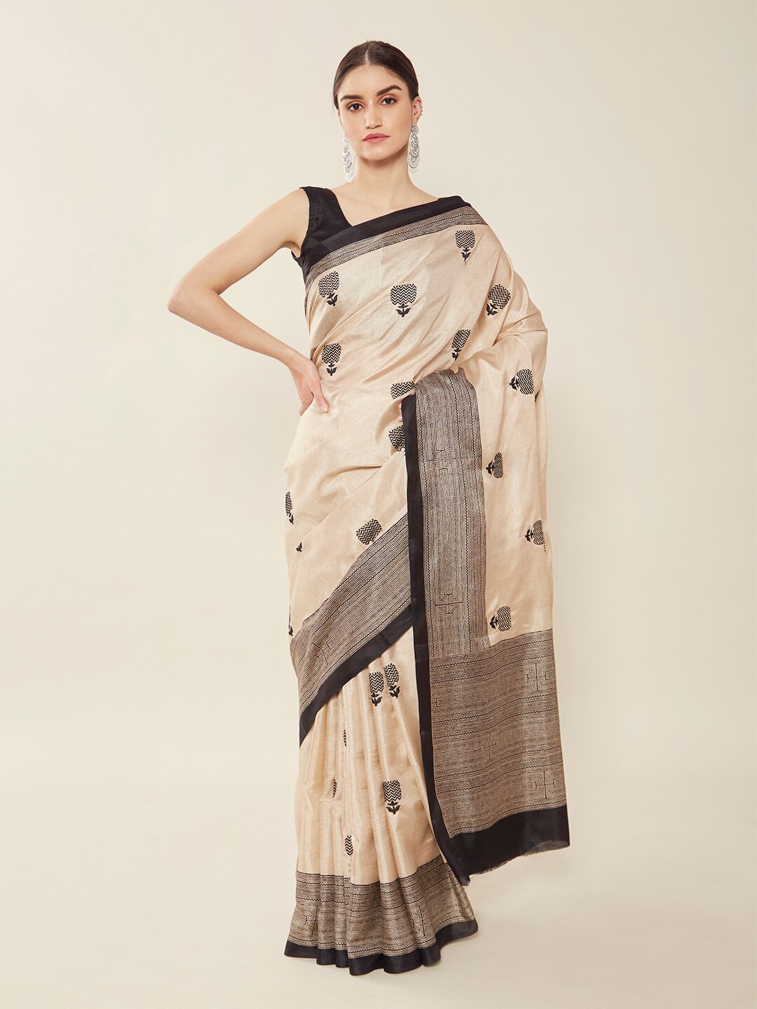 

Soch Beige & Black Ethnic Motifs Silk Blend Saree